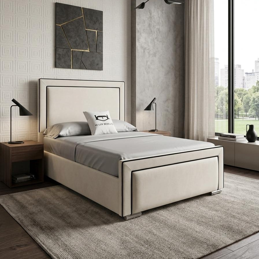 Modern bedroom with a bed, nightstands, and artwork on the wall.