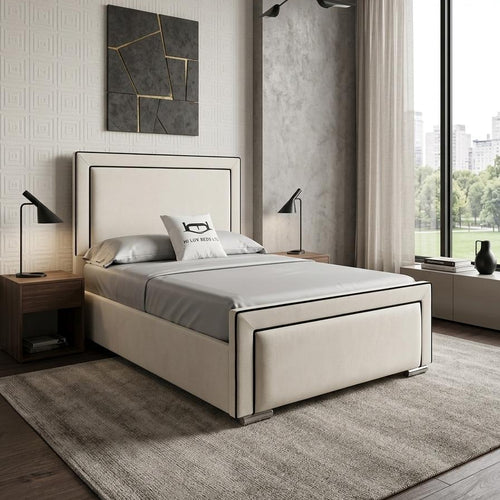 Modern bedroom with a bed, nightstands, and artwork on the wall.
