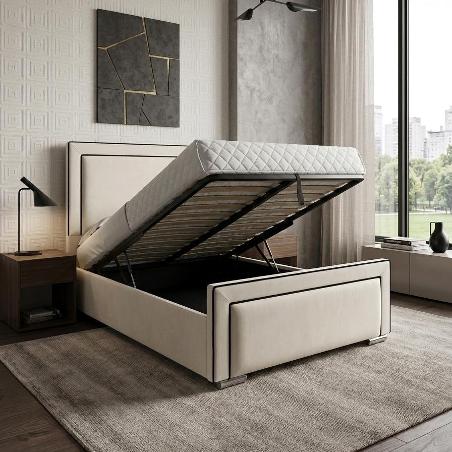 Beige upholstered bed with storage compartment in a modern bedroom.