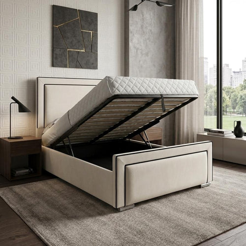 Beige upholstered bed with storage compartment in a modern bedroom.