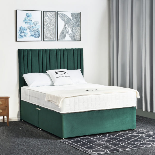 Green bed frame with white mattress and pillows in a bedroom setting.

Lilly Divan Bed detail - Elegant UK-made divan with drawer storage