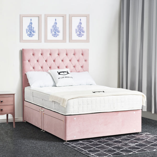 Pink bed with tufted headboard and white bedding in a bedroom setting.

Narjis Divan Bed detail - Premium fabric divan handcrafted in the UK