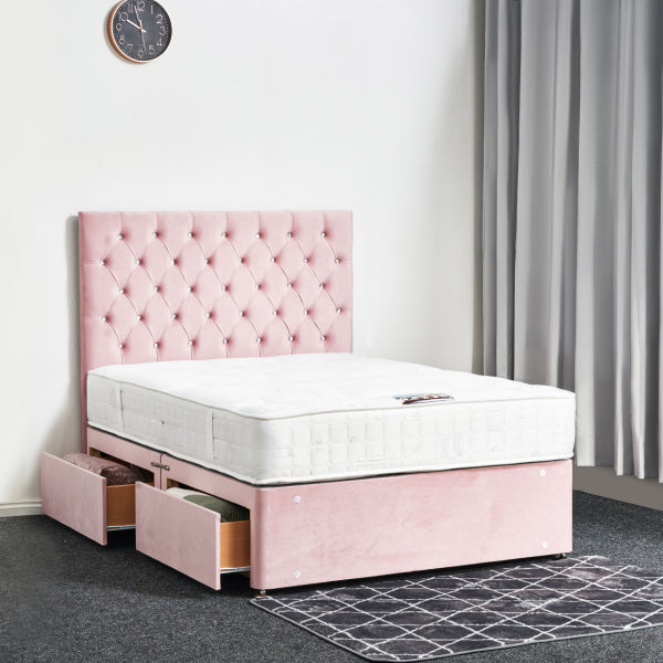 Pink tufted bed with white mattress in a room setting

Narjis Divan Bed detail - Premium fabric divan handcrafted in the UK