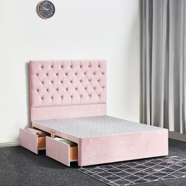 Pink tufted bed with storage drawers in a room setting.

Narjis Divan Bed detail - Premium fabric divan handcrafted in the UK