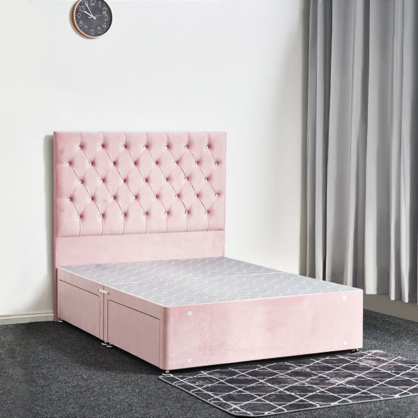 Pink bed with tufted headboard in a room setting

Narjis Divan Bed detail - Premium fabric divan handcrafted in the UK