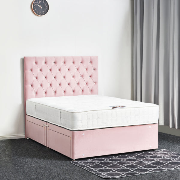 Pink bed frame with mattress in a room setting

Narjis Divan Bed detail - Premium fabric divan handcrafted in the UK