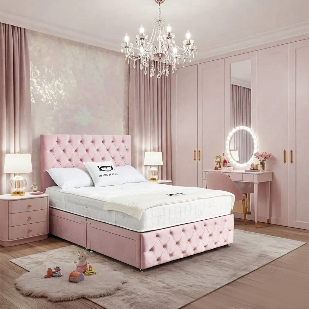 Pink bedroom with tufted headboard, chandelier, and vanity table.

Narjis Divan Bed detail - Premium fabric divan handcrafted in the UK
