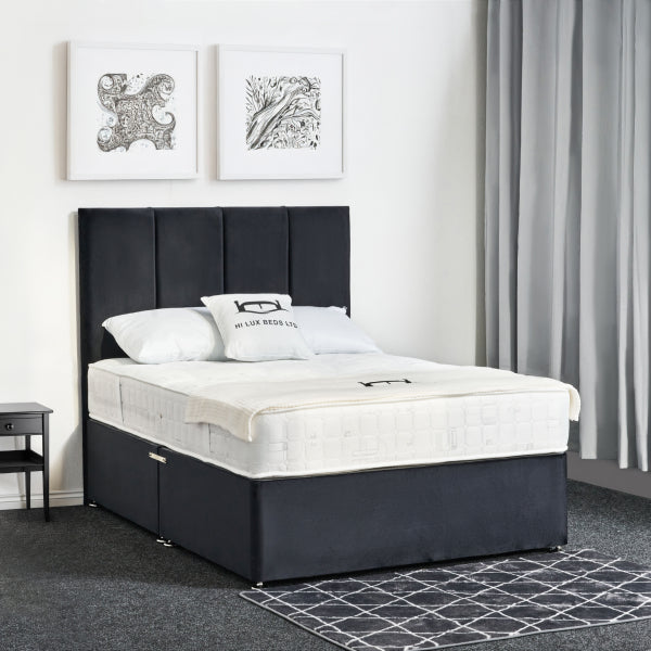 Bed with black upholstered headboard and white bedding in a bedroom setting.

Osaka Divan Bed detail - Premium UK-made divan with mattress options