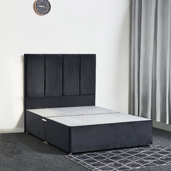 Black upholstered bed without mattress in a room setting.

Osaka Divan Bed detail - Premium UK-made divan with mattress options