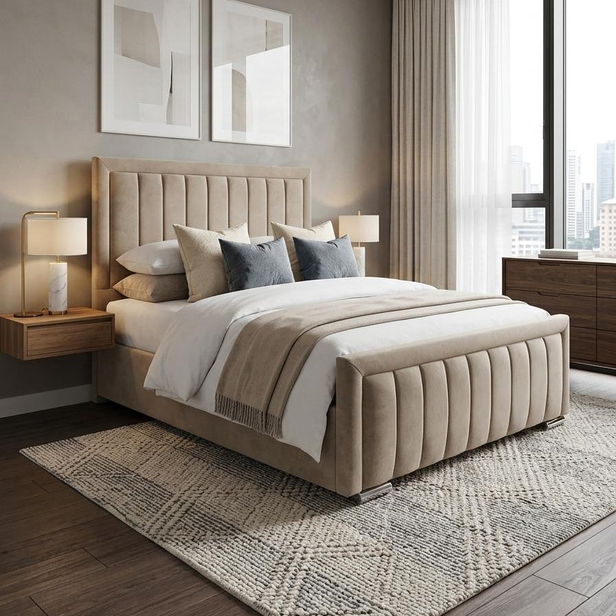 Modern bedroom with a beige upholstered bed, side tables, and large windows.
