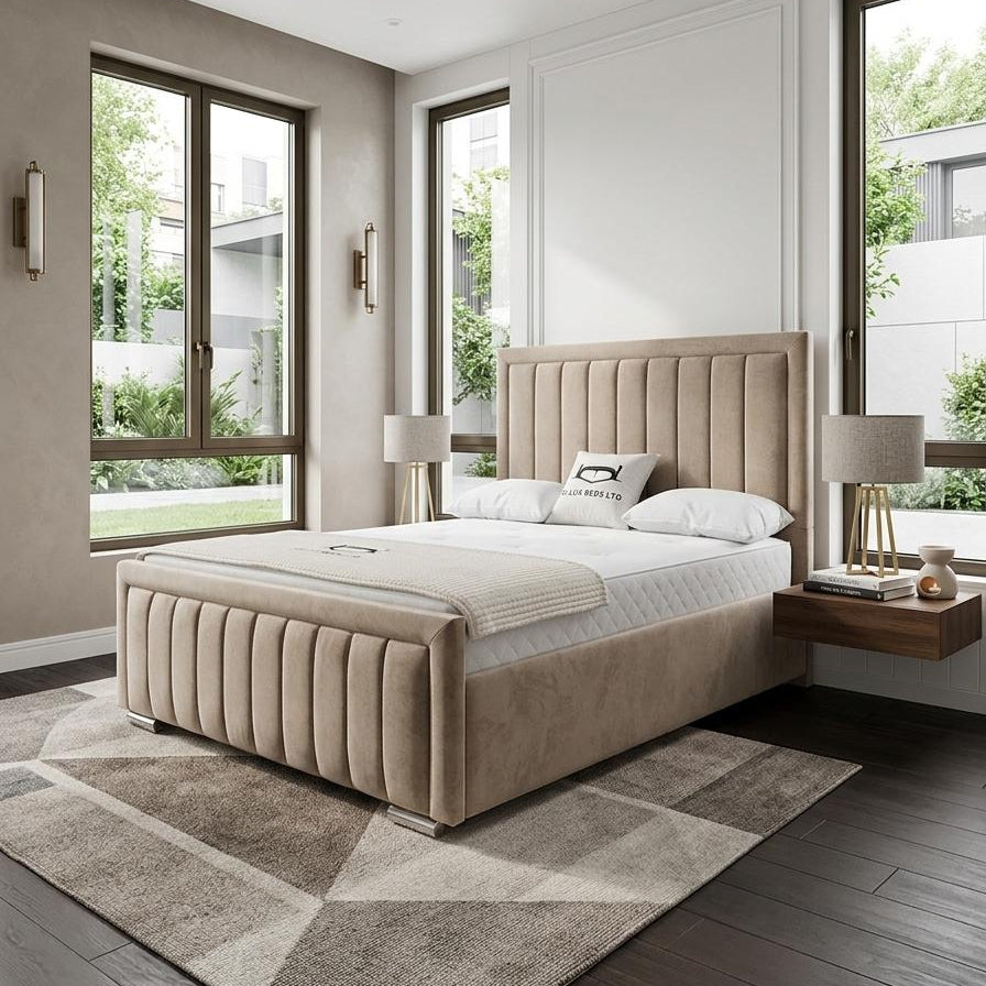 Modern bedroom with a beige upholstered bed, wooden nightstands, and large windows.