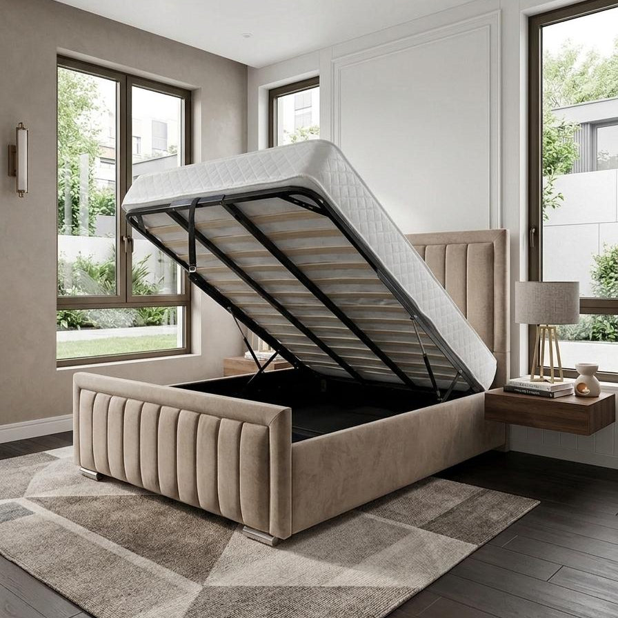 Beige upholstered bed with open storage compartment in a modern bedroom.