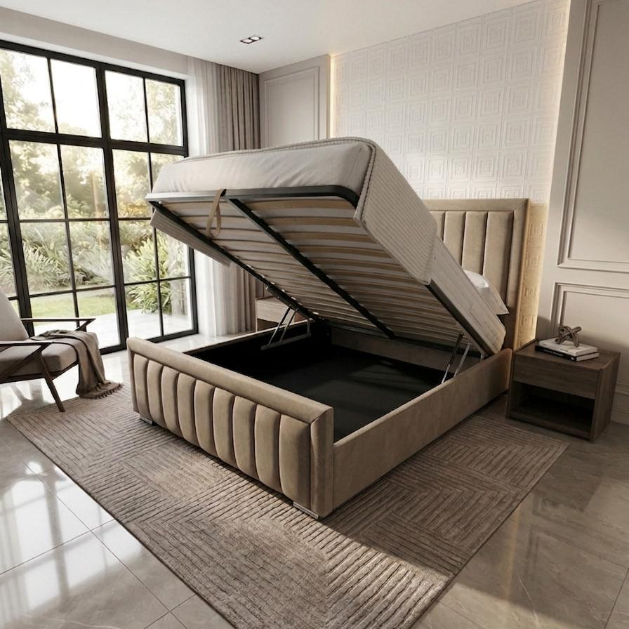 Beige upholstered bed with storage compartments in a modern bedroom.