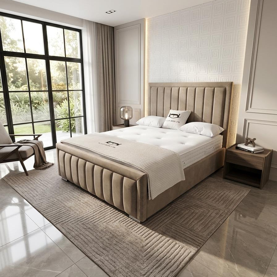 Modern bedroom with a large bed, side tables, and large windows.