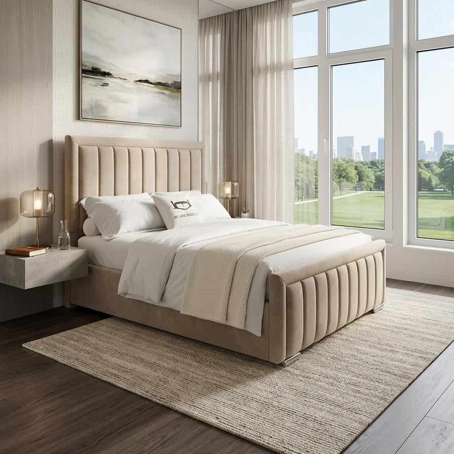 Modern bedroom with a large bed, side tables, and large windows.