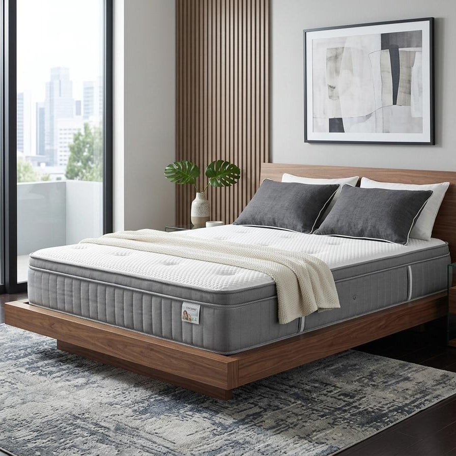 Gray mattress on a wooden bed frame in a modern bedroom with city view.