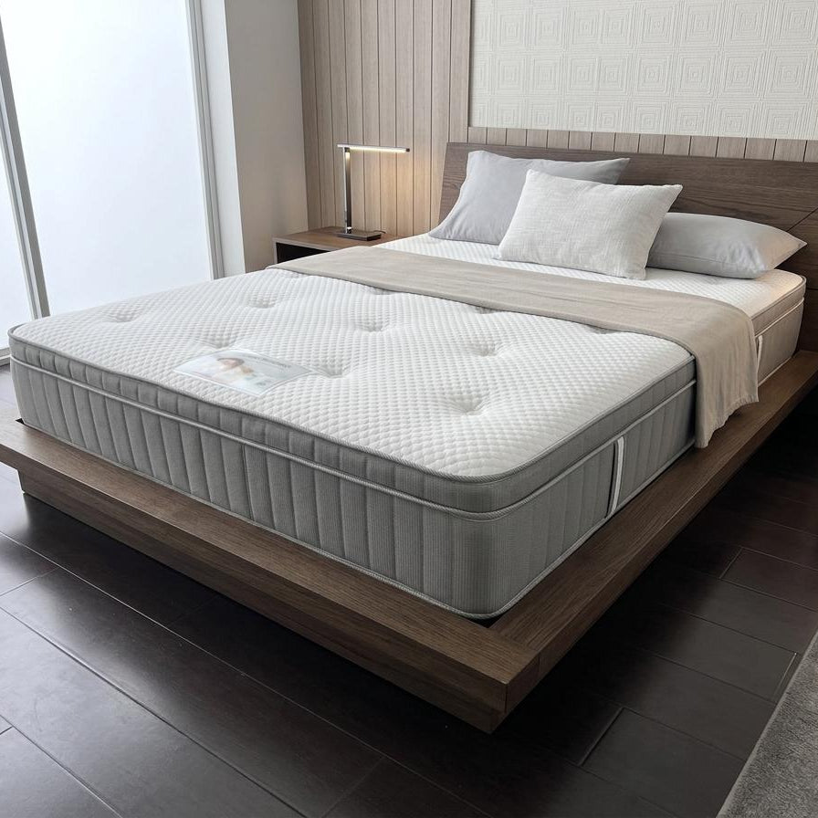 Mattress on a wooden bed frame in a bedroom setting