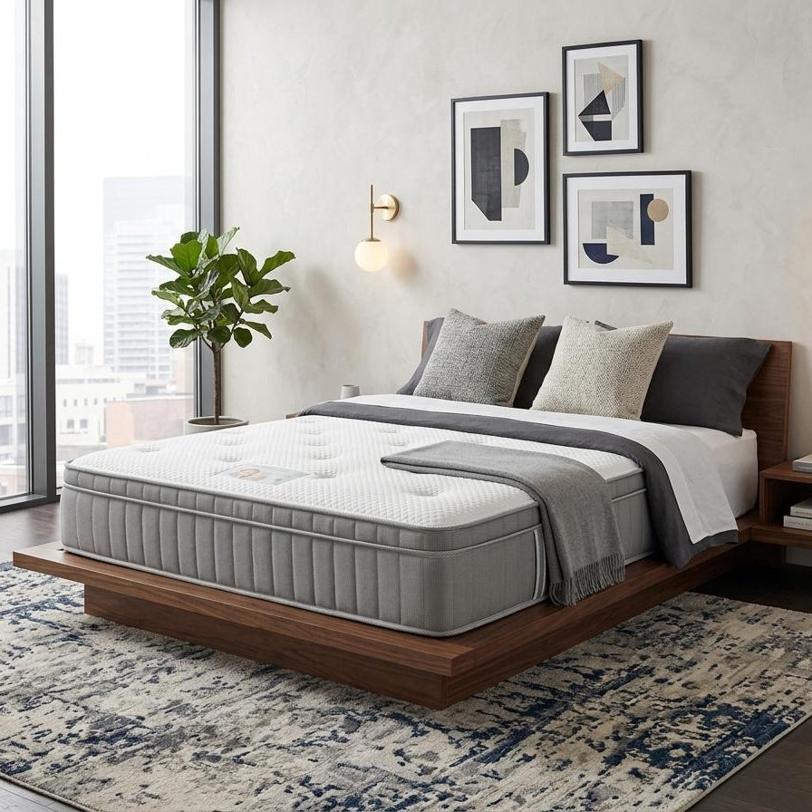 Bedroom with a wooden bed, gray bedding, and wall art.