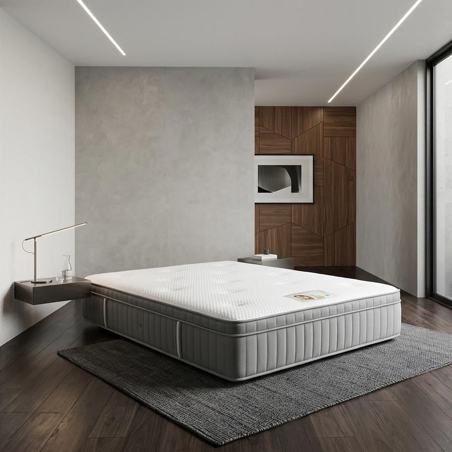 Gray mattress on a wooden floor in a modern bedroom with large windows.