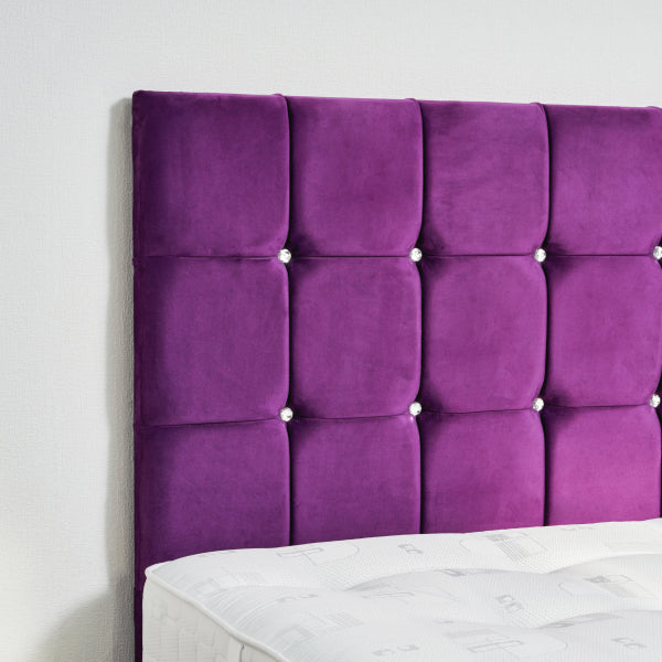 Purple headboard with diamonds leaning on a white wall

Ron Divan Bed detail - Handcrafted UK divan with optional drawers