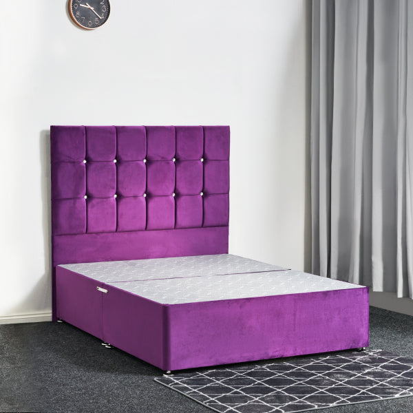Purple upholstered bed with tufted design against a white wall.

Ron Divan Bed detail - Handcrafted UK divan with optional drawers