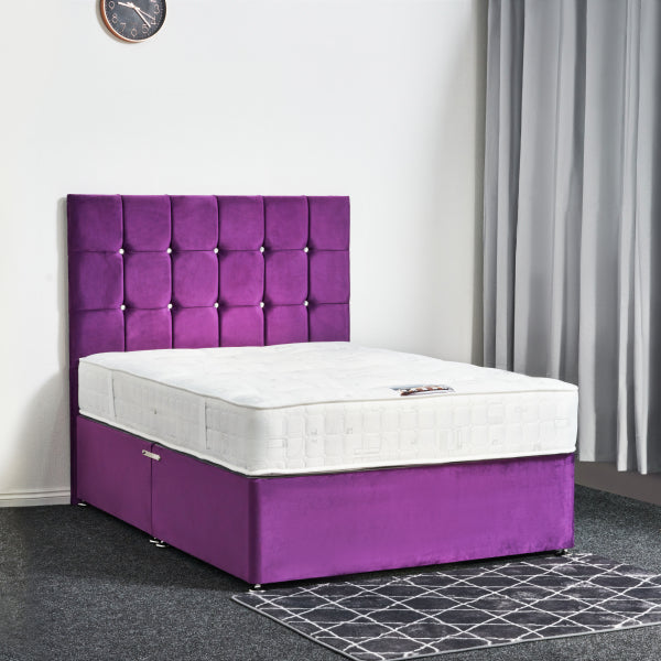 Purple bed frame with white mattress against a white wall.

Ron Divan Bed detail - Handcrafted UK divan with optional drawers