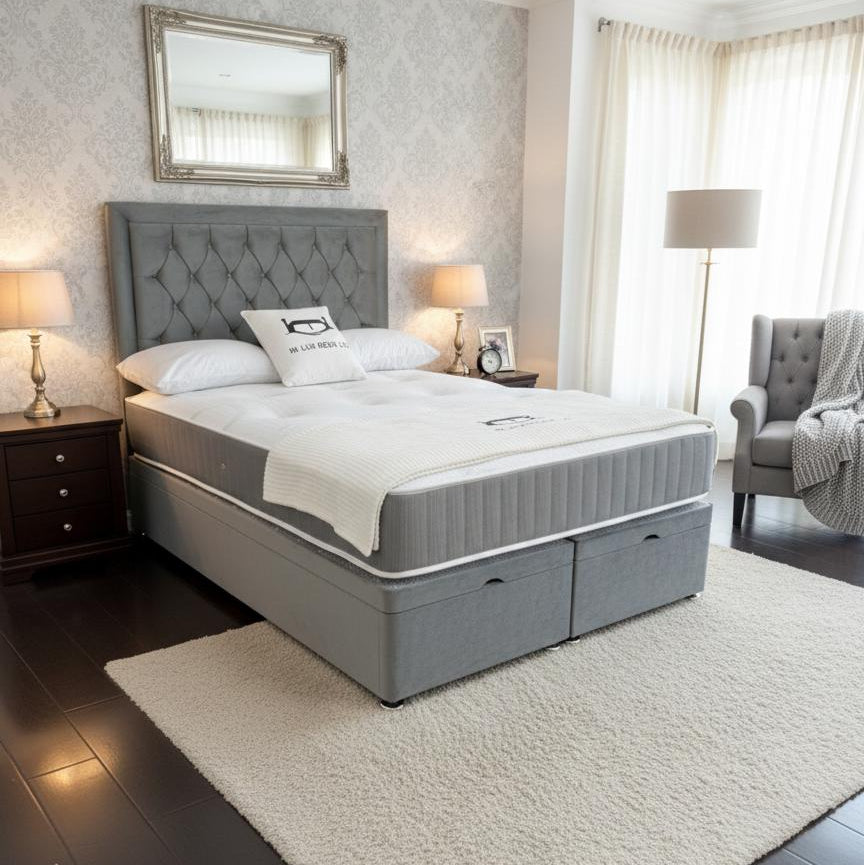 Gray upholstered bed with white bedding in a stylish bedroom.