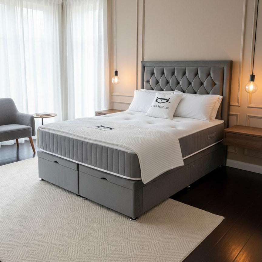 Gray upholstered bed with white bedding in a modern bedroom setting.