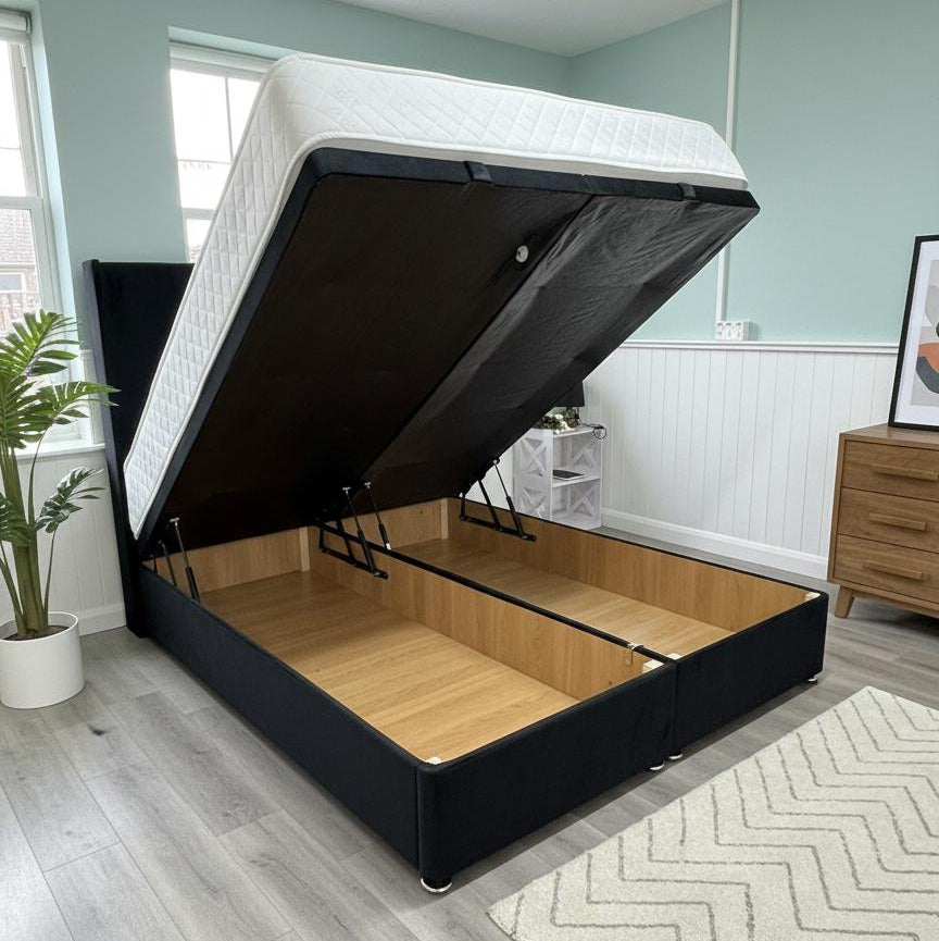 Black bed frame with open storage compartment in a room with light blue walls and a plant.