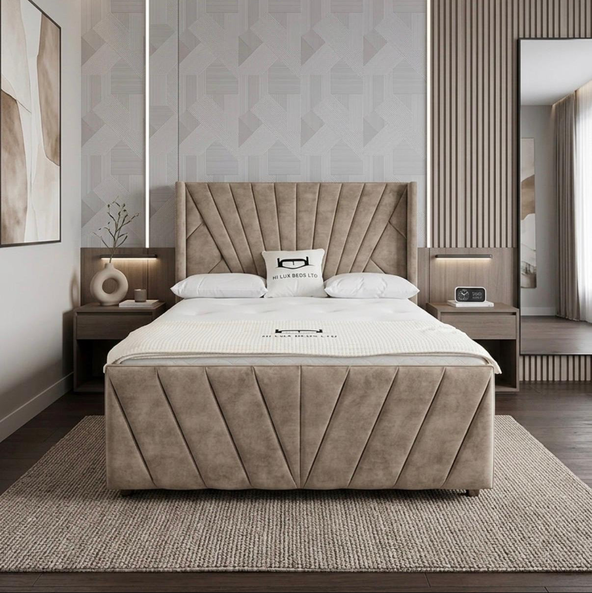 Modern bedroom with a large bed, nightstands, and decorative elements.