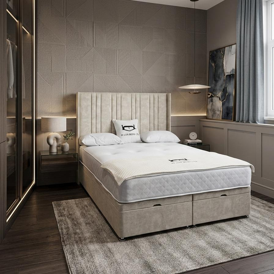 Modern bedroom with a bed, nightstands, and wall art.