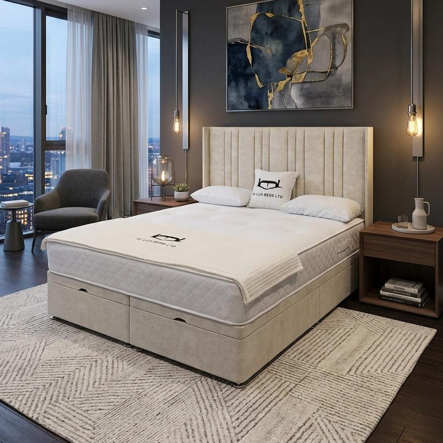 Modern bedroom with a large bed, nightstands, and cityscape view.