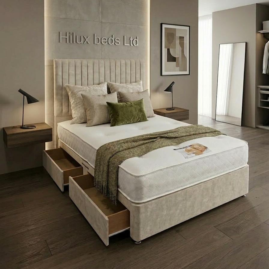 Modern bedroom with a bed and nightstands, featuring 'Hilux Beds Ltd' branding.