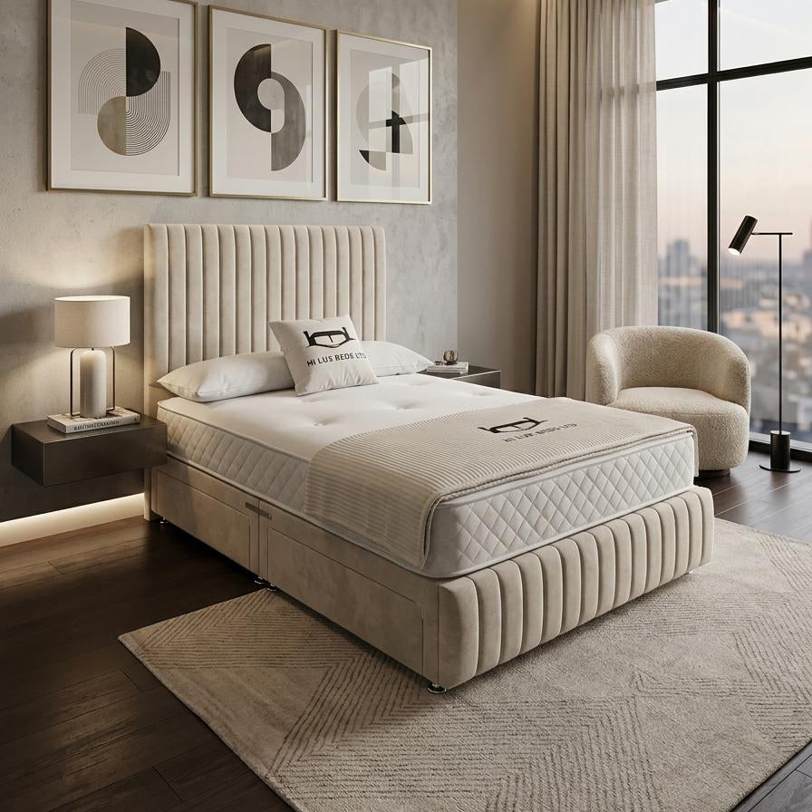 Modern bedroom with a large bed, side tables, and wall art.