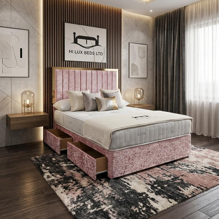 Modern bedroom with pink upholstered bed, nightstands, and artwork on the wall.