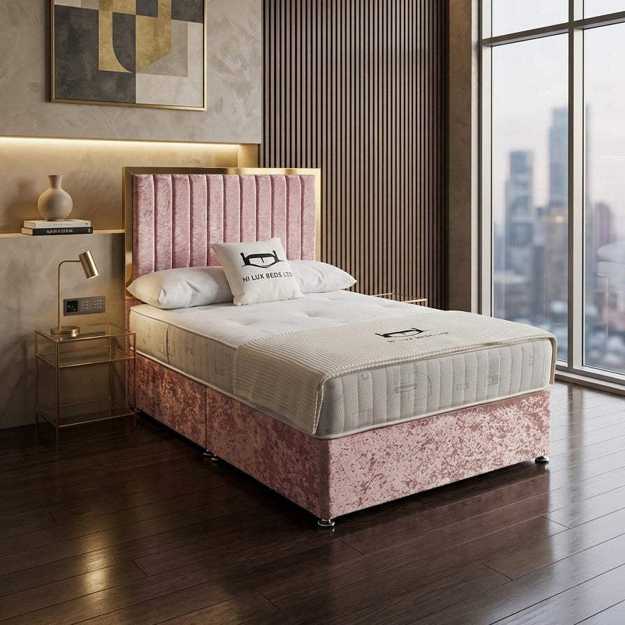 Modern bedroom with a pink bed and city view