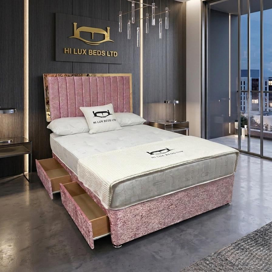 Pink upholstered bed with storage drawers in a modern bedroom setting, featuring Hi Lux Beds Ltd logo.