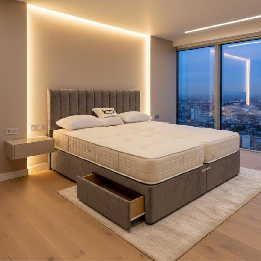 Modern bedroom with a large bed and city view