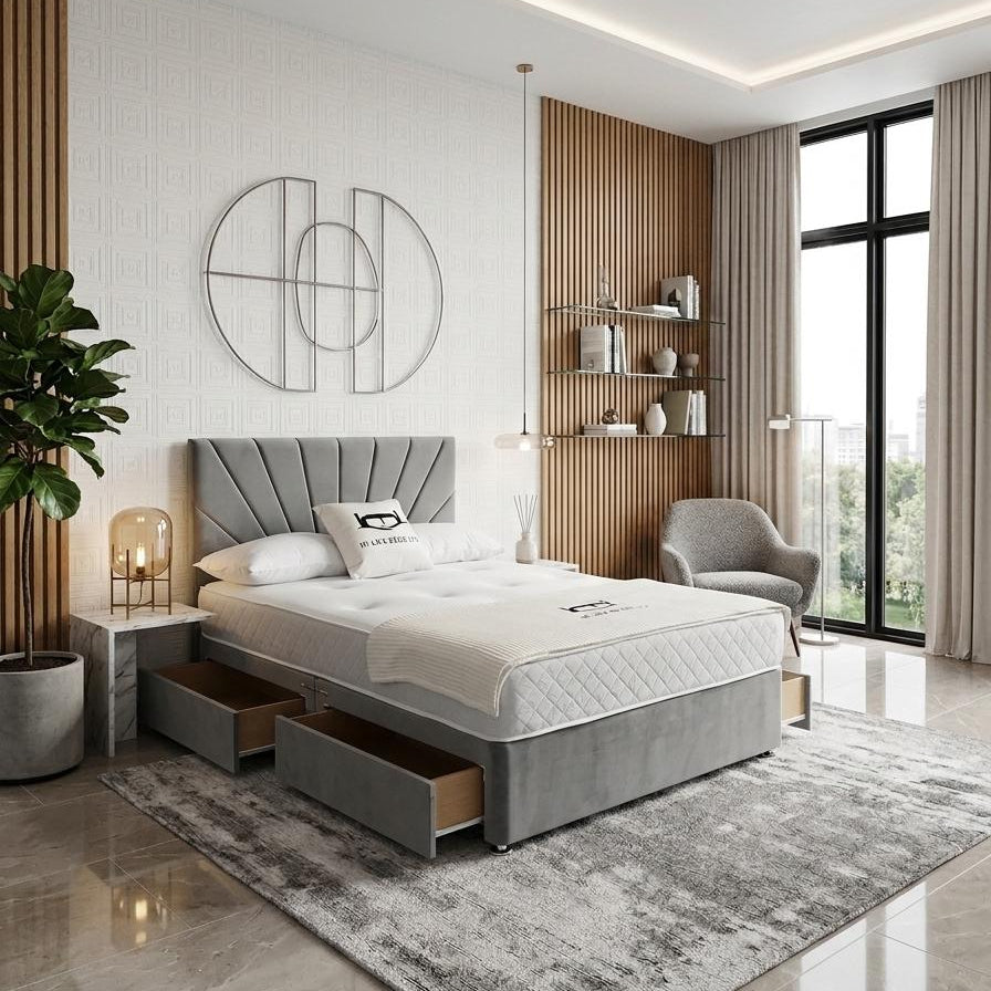 Modern bedroom with gray upholstered bed, side tables, and a large window.