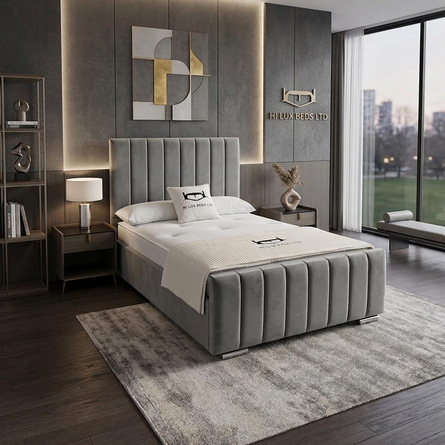Modern bedroom with gray upholstered bed, nightstands, and abstract wall art.
