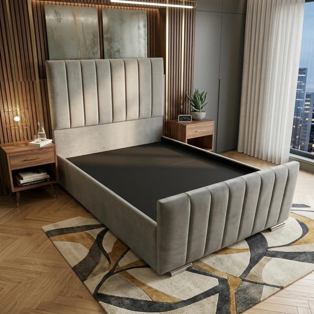 Modern bedroom with a large bed, nightstands, and decorative elements.