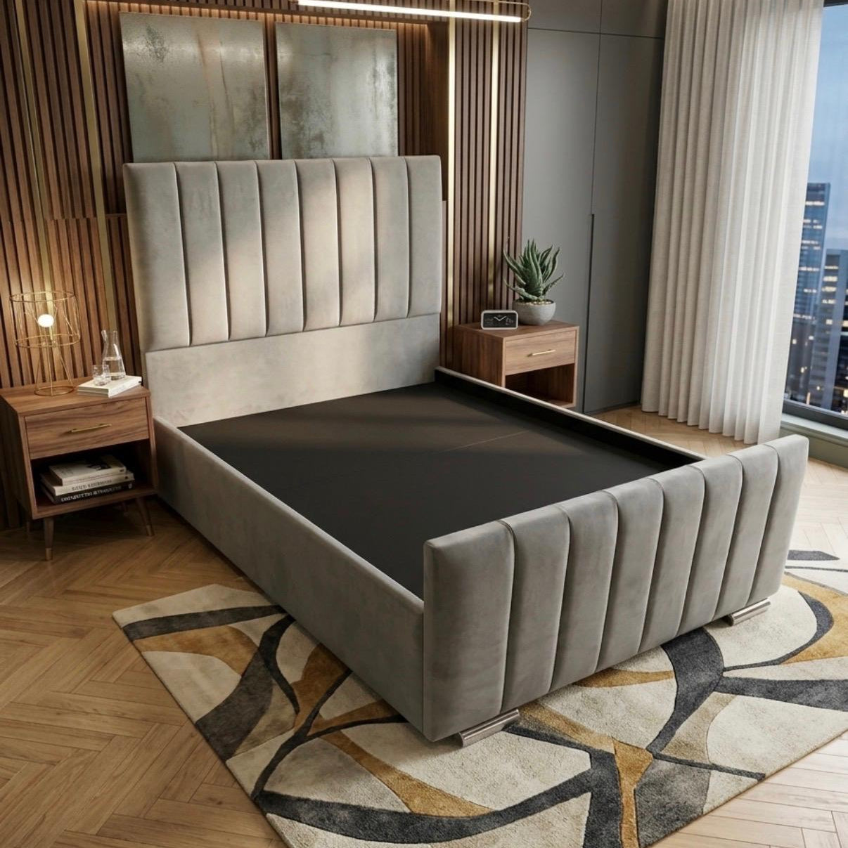 Modern bedroom with a large bed, nightstands, and decorative elements.