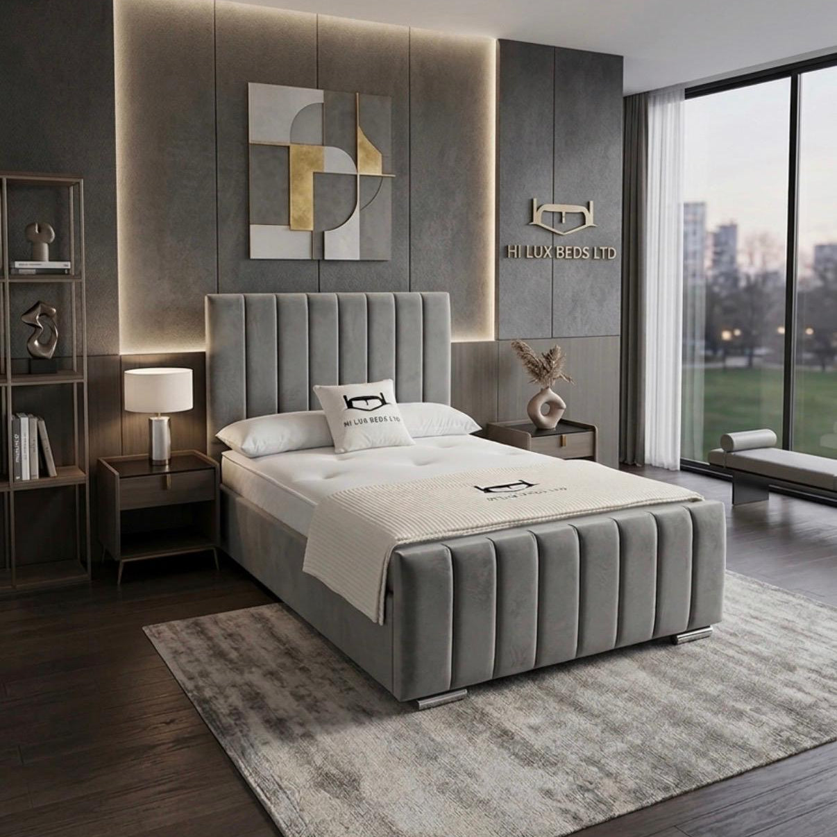 Modern bedroom with gray upholstered bed, nightstands, and wall art.