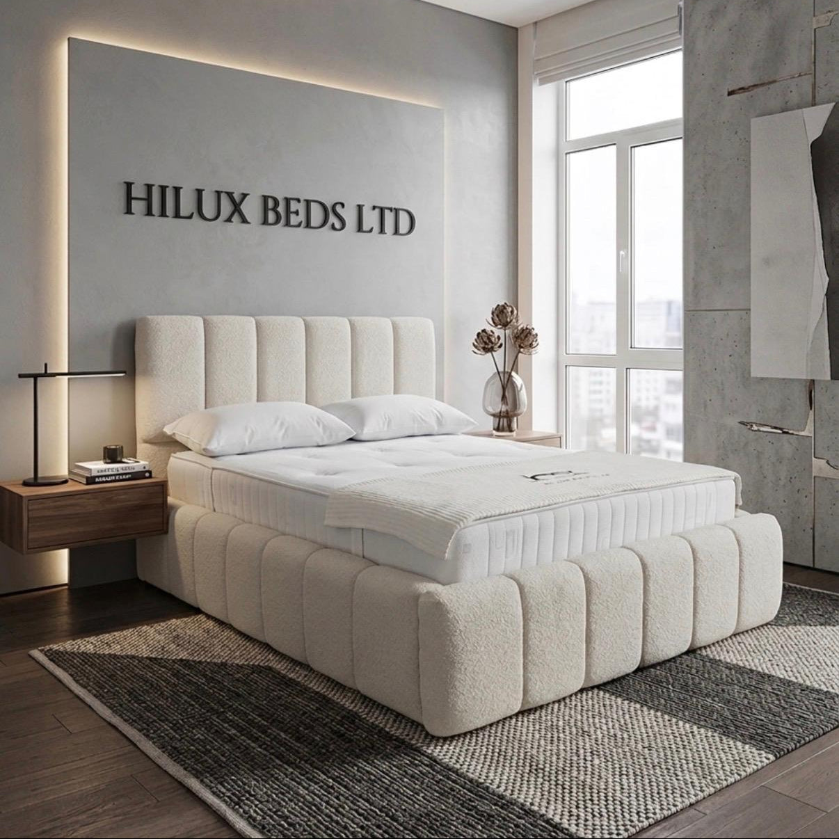 Modern bedroom with a large bed and 'Hilux Beds Ltd' branding on the wall.