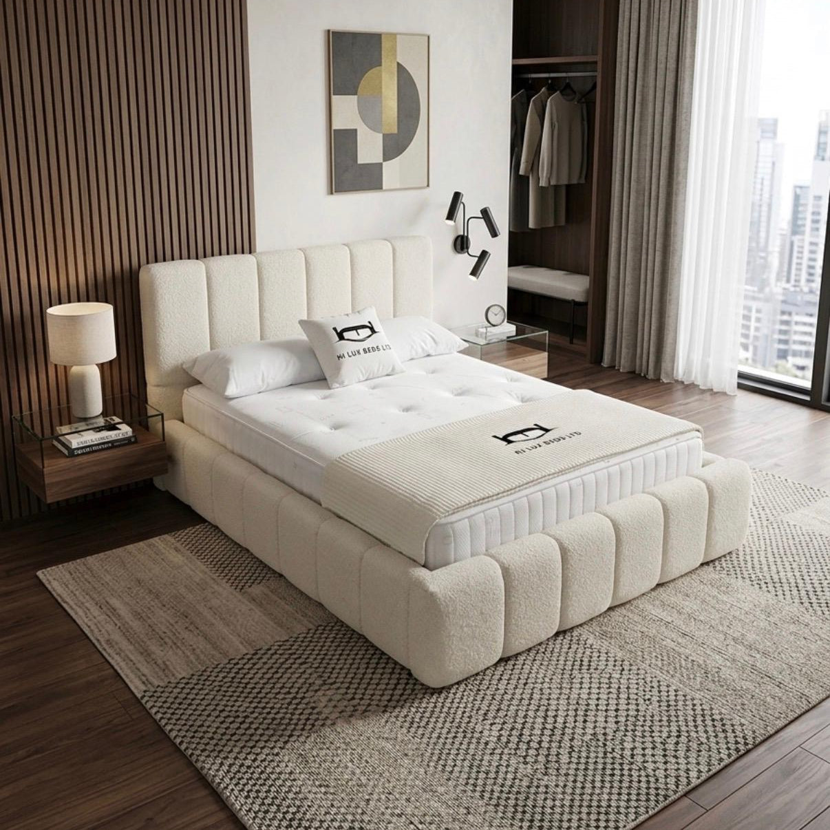 Modern bedroom with a white mattress on a bed frame, nightstands, and decor.