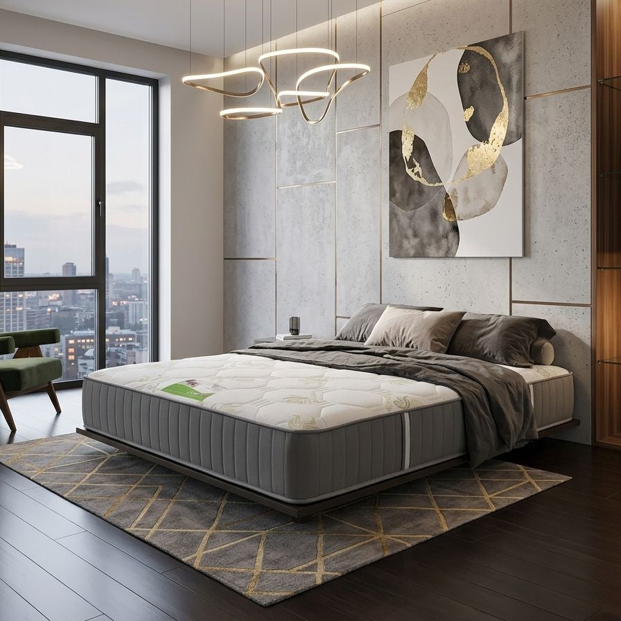 Modern bedroom with a large bed, city view, and decorative elements.