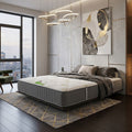 Modern bedroom with a large bed, city view, and decorative elements.