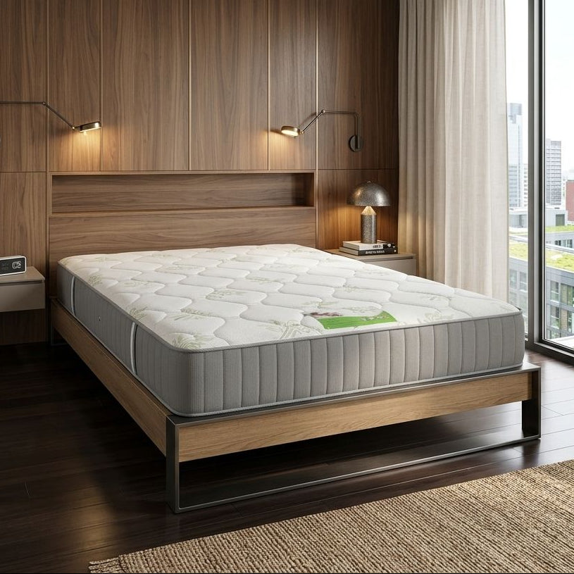 Modern bedroom with wooden bed frame and mattress, nightstands, and large windows.