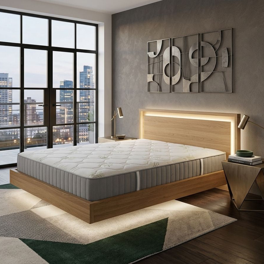 Modern bedroom with a large window, bed, and decorative elements.