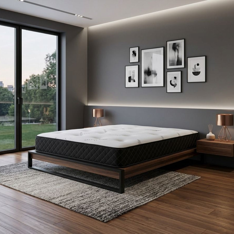 Modern bedroom with a large window, wooden floor, and a bed with a white mattress.